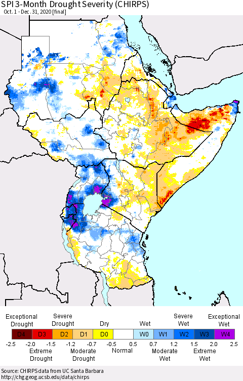 Eastern Africa SPI 3-Month Drought Severity (CHIRPS) Thematic Map For 10/1/2020 - 12/31/2020
