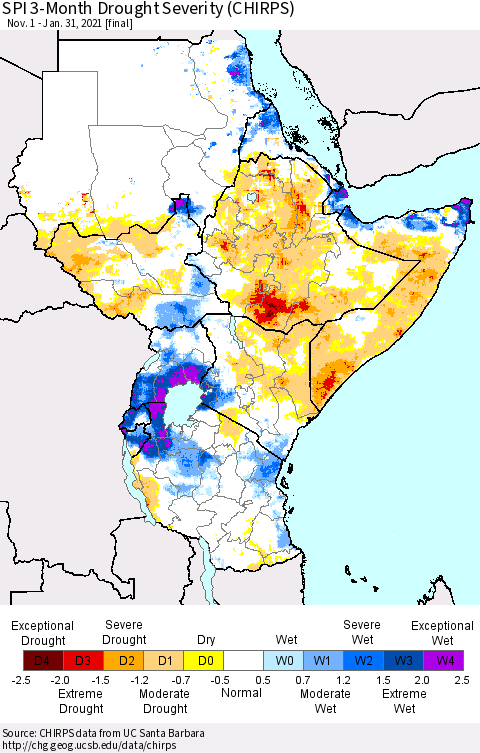 Eastern Africa SPI 3-Month Drought Severity (CHIRPS) Thematic Map For 11/1/2020 - 1/31/2021