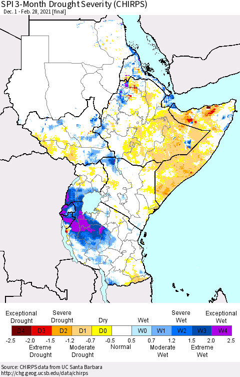 Eastern Africa SPI 3-Month Drought Severity (CHIRPS) Thematic Map For 12/1/2020 - 2/28/2021