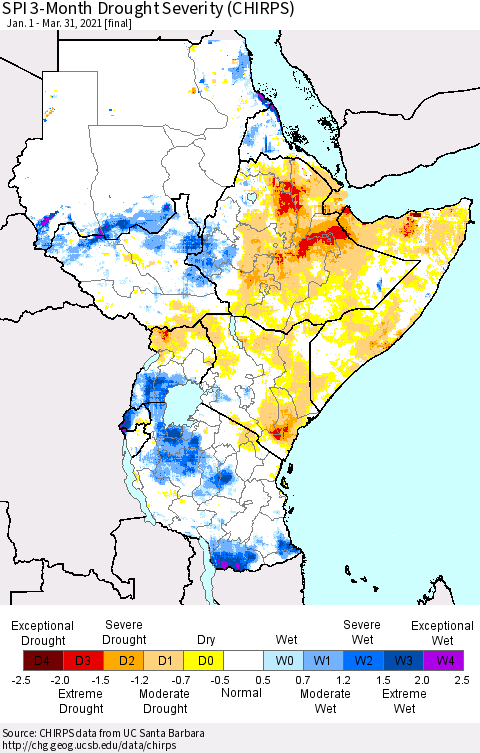 Eastern Africa SPI 3-Month Drought Severity (CHIRPS) Thematic Map For 1/1/2021 - 3/31/2021