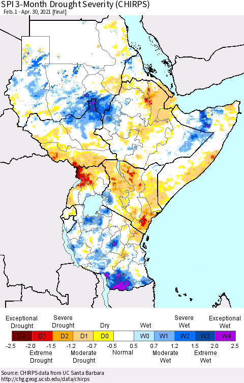 Eastern Africa SPI 3-Month Drought Severity (CHIRPS) Thematic Map For 2/1/2021 - 4/30/2021