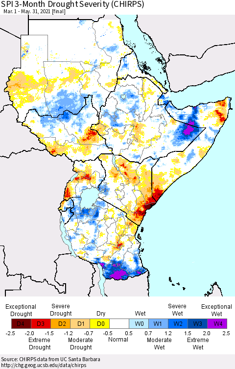 Eastern Africa SPI 3-Month Drought Severity (CHIRPS) Thematic Map For 3/1/2021 - 5/31/2021