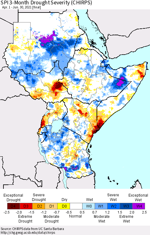 Eastern Africa SPI 3-Month Drought Severity (CHIRPS) Thematic Map For 4/1/2021 - 6/30/2021