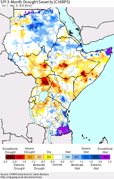 Eastern Africa SPI 3-Month Drought Severity (CHIRPS) Thematic Map For 6/1/2021 - 8/31/2021