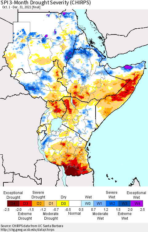 Eastern Africa SPI 3-Month Drought Severity (CHIRPS) Thematic Map For 10/1/2021 - 12/31/2021