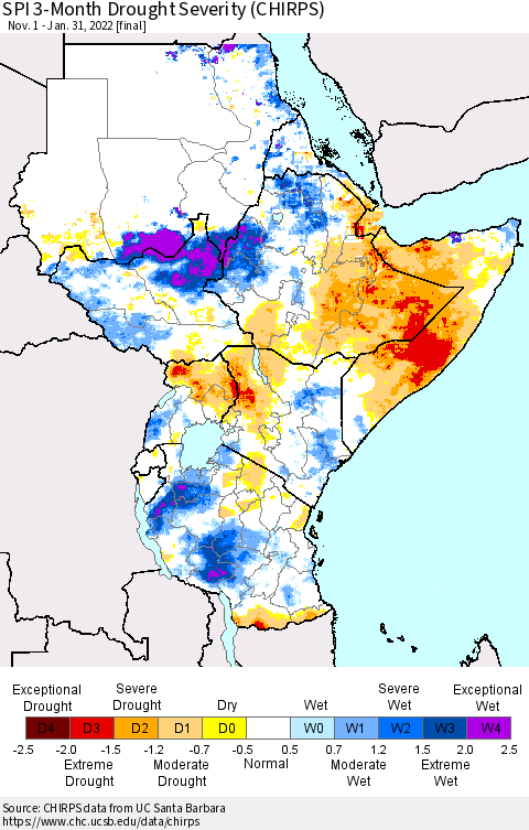 Eastern Africa SPI 3-Month Drought Severity (CHIRPS) Thematic Map For 11/1/2021 - 1/31/2022