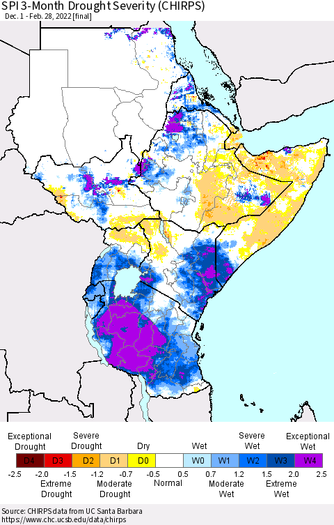 Eastern Africa SPI 3-Month Drought Severity (CHIRPS) Thematic Map For 12/1/2021 - 2/28/2022