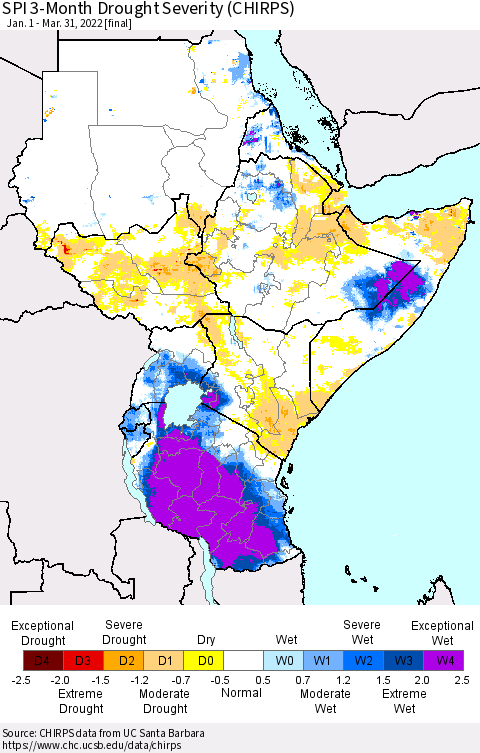 Eastern Africa SPI 3-Month Drought Severity (CHIRPS) Thematic Map For 1/1/2022 - 3/31/2022