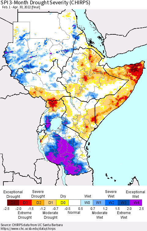 Eastern Africa SPI 3-Month Drought Severity (CHIRPS) Thematic Map For 2/1/2022 - 4/30/2022