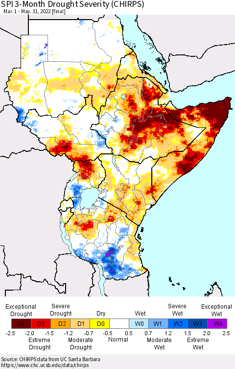 Eastern Africa SPI 3-Month Drought Severity (CHIRPS) Thematic Map For 3/1/2022 - 5/31/2022