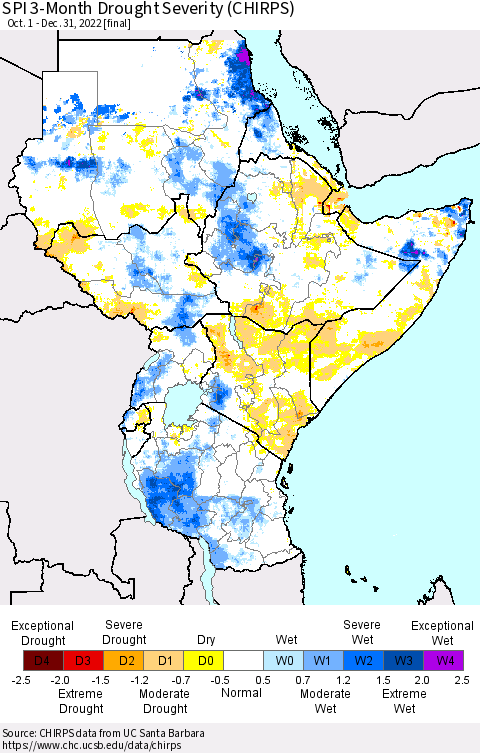 Eastern Africa SPI 3-Month Drought Severity (CHIRPS) Thematic Map For 10/1/2022 - 12/31/2022
