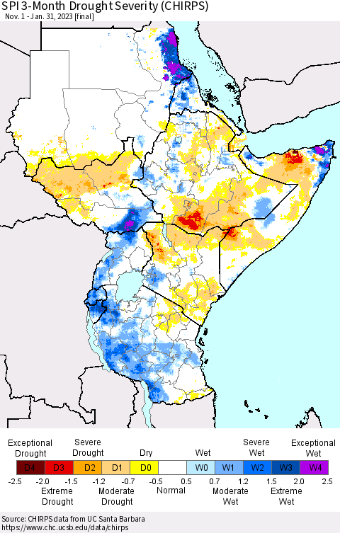 Eastern Africa SPI 3-Month Drought Severity (CHIRPS) Thematic Map For 11/1/2022 - 1/31/2023
