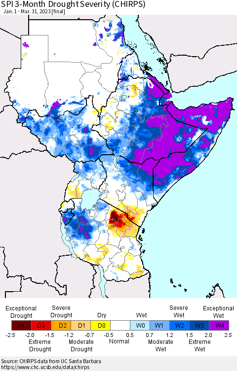 Eastern Africa SPI 3-Month Drought Severity (CHIRPS) Thematic Map For 1/1/2023 - 3/31/2023