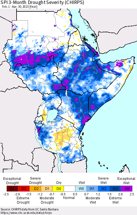 Eastern Africa SPI 3-Month Drought Severity (CHIRPS) Thematic Map For 2/1/2023 - 4/30/2023