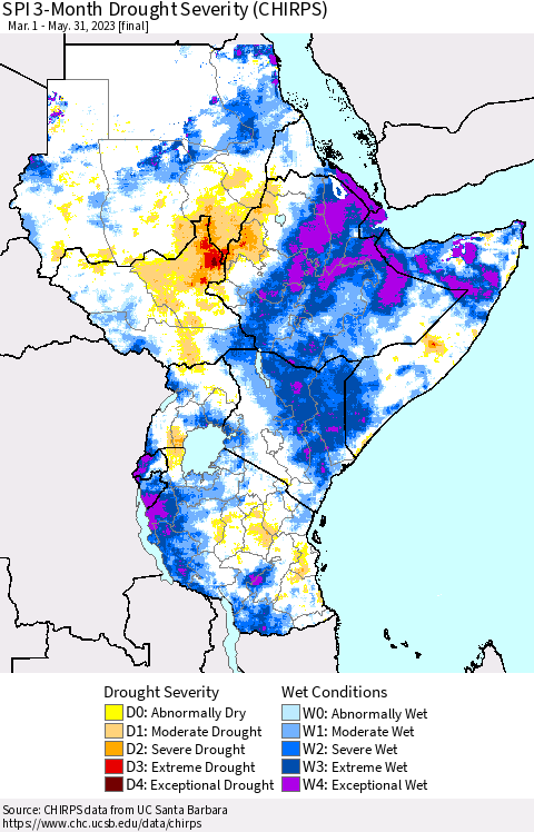 Eastern Africa SPI 3-Month Drought Severity (CHIRPS) Thematic Map For 3/1/2023 - 5/31/2023