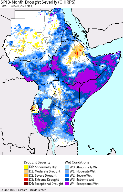 Eastern Africa SPI 3-Month Drought Severity (CHIRPS) Thematic Map For 10/1/2023 - 12/31/2023