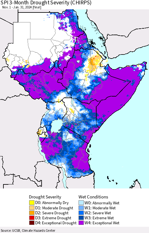 Eastern Africa SPI 3-Month Drought Severity (CHIRPS) Thematic Map For 11/1/2023 - 1/31/2024