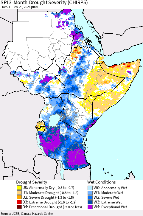 Eastern Africa SPI 3-Month Drought Severity (CHIRPS) Thematic Map For 12/1/2023 - 2/29/2024