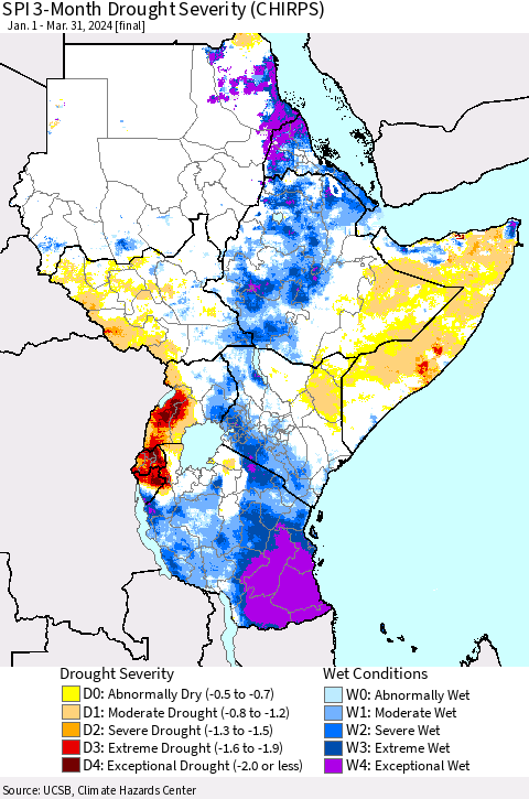 Eastern Africa SPI 3-Month Drought Severity (CHIRPS) Thematic Map For 1/1/2024 - 3/31/2024