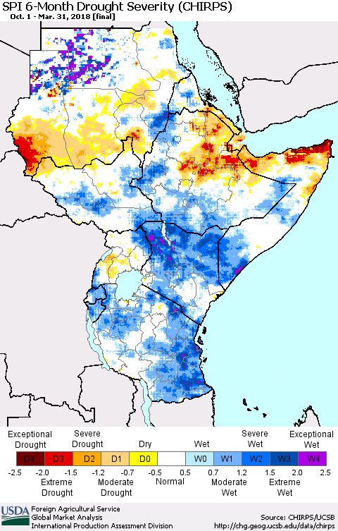 Eastern Africa SPI 6-Month Drought Severity (CHIRPS) Thematic Map For 10/1/2017 - 3/31/2018