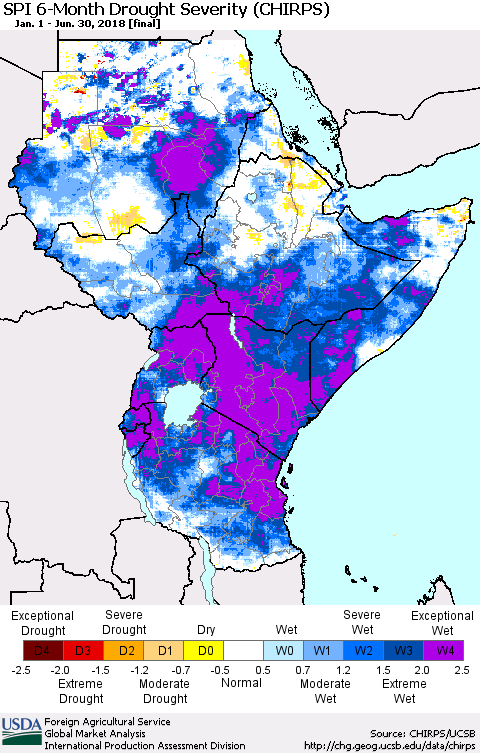 Eastern Africa SPI 6-Month Drought Severity (CHIRPS) Thematic Map For 1/1/2018 - 6/30/2018