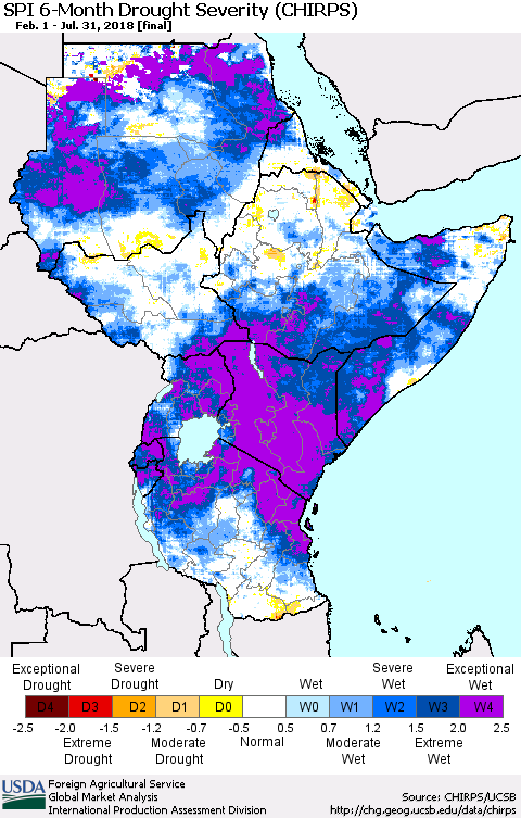 Eastern Africa SPI 6-Month Drought Severity (CHIRPS) Thematic Map For 2/1/2018 - 7/31/2018