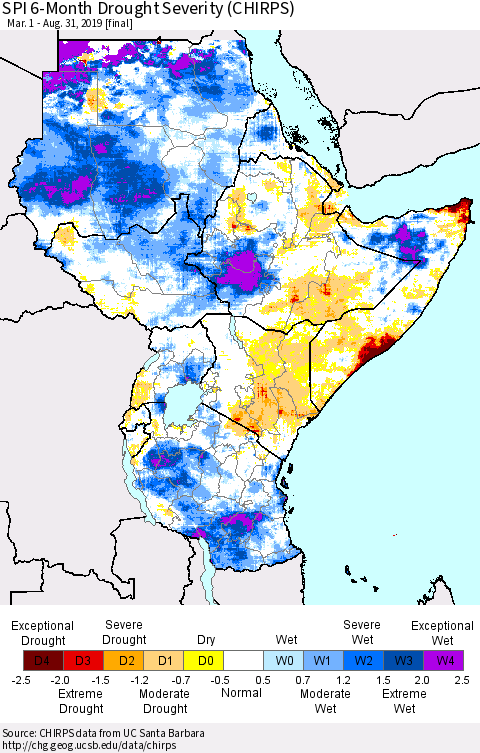 Eastern Africa SPI 6-Month Drought Severity (CHIRPS) Thematic Map For 3/1/2019 - 8/31/2019