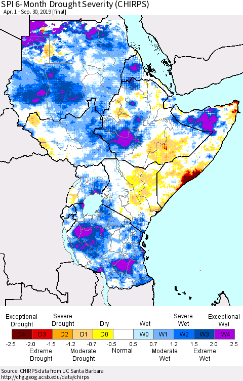 Eastern Africa SPI 6-Month Drought Severity (CHIRPS) Thematic Map For 4/1/2019 - 9/30/2019