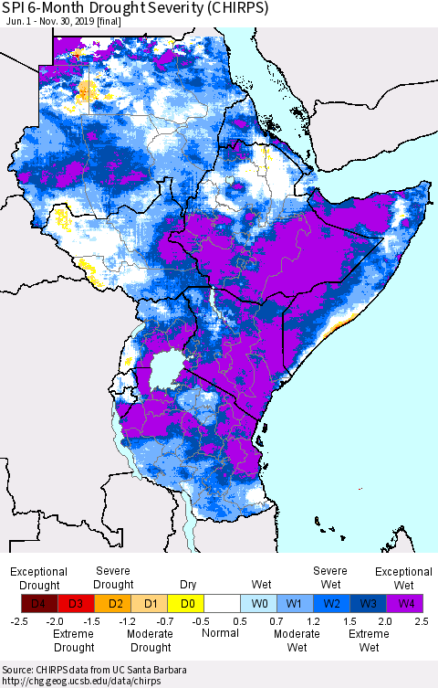 Eastern Africa SPI 6-Month Drought Severity (CHIRPS) Thematic Map For 6/1/2019 - 11/30/2019