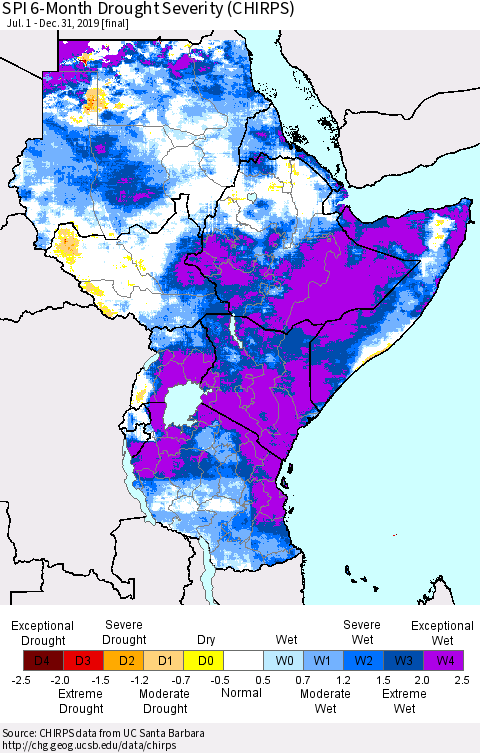 Eastern Africa SPI 6-Month Drought Severity (CHIRPS) Thematic Map For 7/1/2019 - 12/31/2019