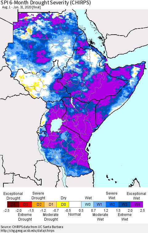 Eastern Africa SPI 6-Month Drought Severity (CHIRPS) Thematic Map For 8/1/2019 - 1/31/2020