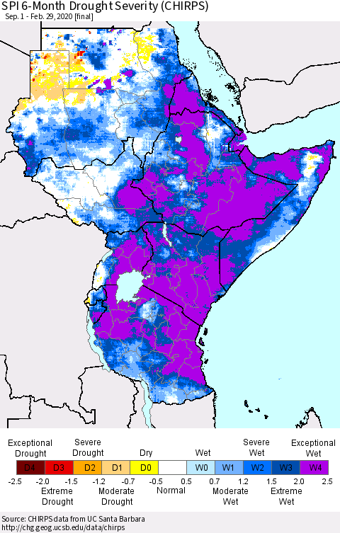 Eastern Africa SPI 6-Month Drought Severity (CHIRPS) Thematic Map For 9/1/2019 - 2/29/2020
