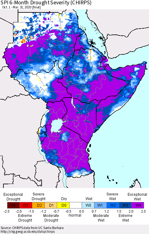 Eastern Africa SPI 6-Month Drought Severity (CHIRPS) Thematic Map For 10/1/2019 - 3/31/2020
