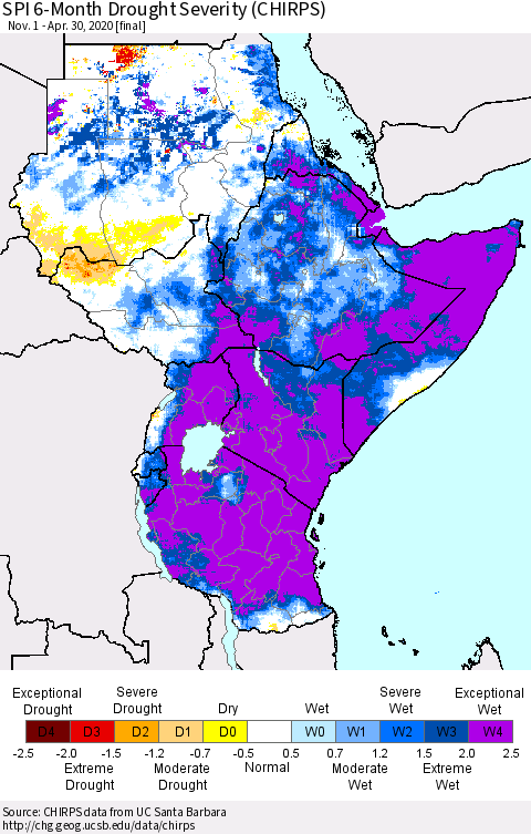 Eastern Africa SPI 6-Month Drought Severity (CHIRPS) Thematic Map For 11/1/2019 - 4/30/2020