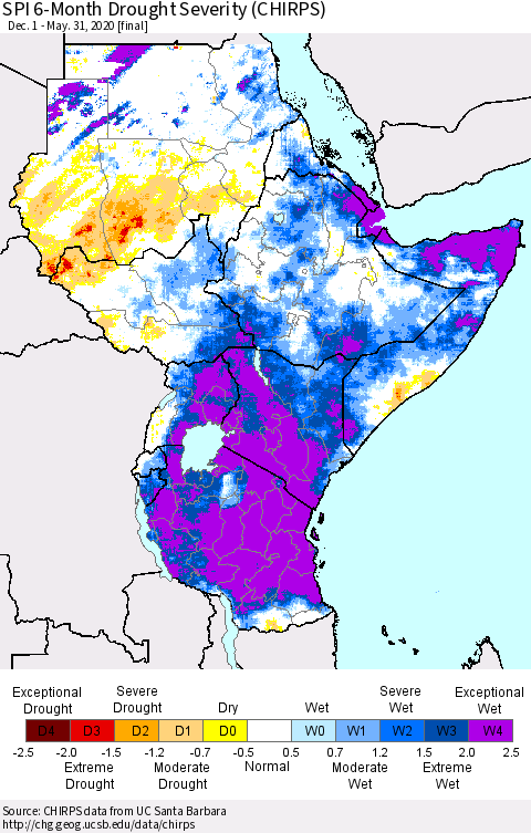 Eastern Africa SPI 6-Month Drought Severity (CHIRPS) Thematic Map For 12/1/2019 - 5/31/2020