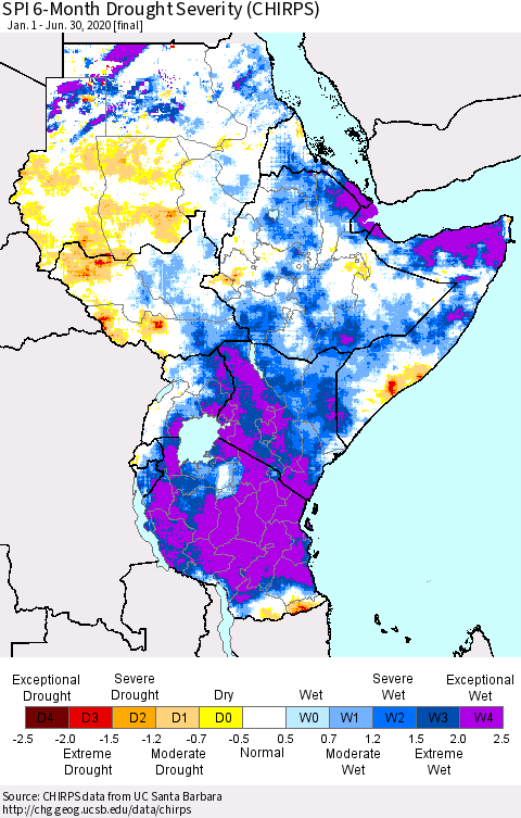Eastern Africa SPI 6-Month Drought Severity (CHIRPS) Thematic Map For 1/1/2020 - 6/30/2020