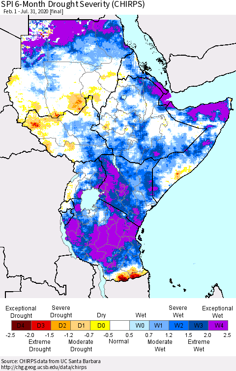 Eastern Africa SPI 6-Month Drought Severity (CHIRPS) Thematic Map For 2/1/2020 - 7/31/2020