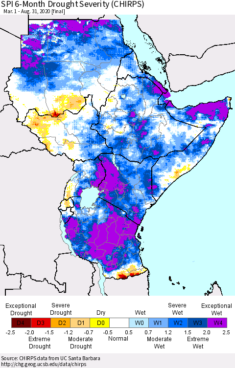 Eastern Africa SPI 6-Month Drought Severity (CHIRPS) Thematic Map For 3/1/2020 - 8/31/2020