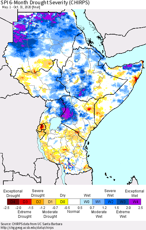 Eastern Africa SPI 6-Month Drought Severity (CHIRPS) Thematic Map For 5/1/2020 - 10/31/2020