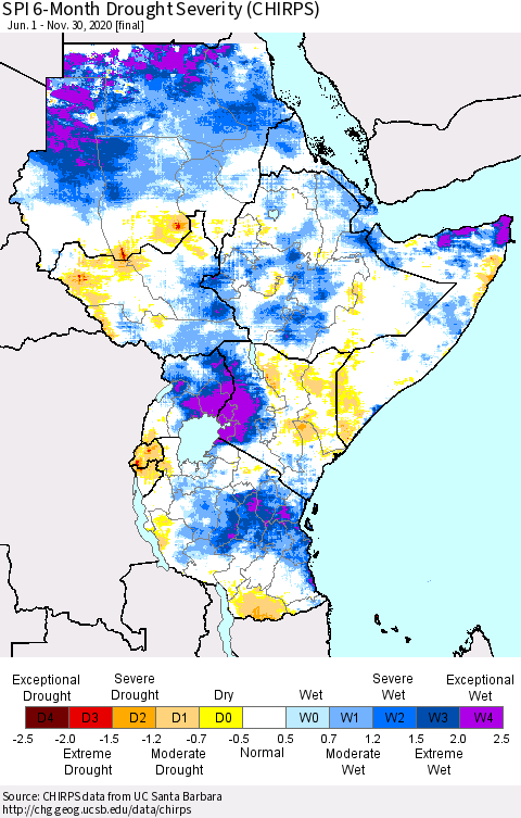 Eastern Africa SPI 6-Month Drought Severity (CHIRPS) Thematic Map For 6/1/2020 - 11/30/2020