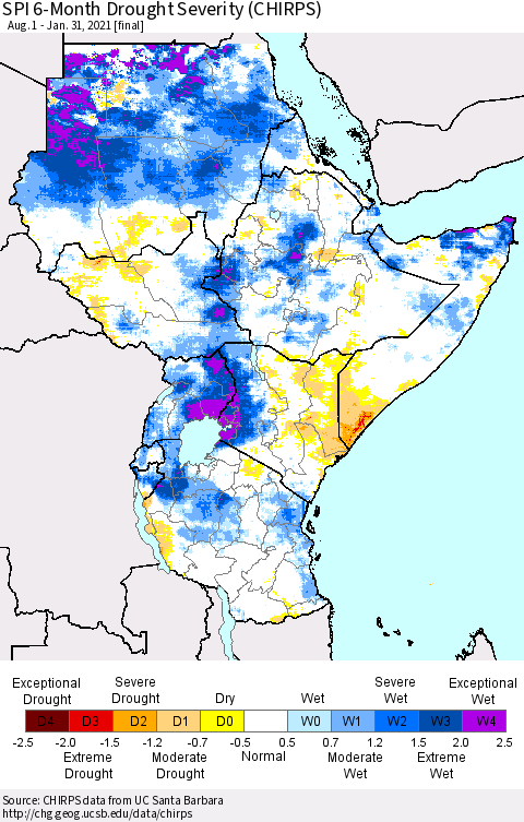 Eastern Africa SPI 6-Month Drought Severity (CHIRPS) Thematic Map For 8/1/2020 - 1/31/2021