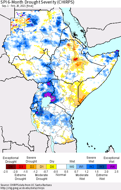 Eastern Africa SPI 6-Month Drought Severity (CHIRPS) Thematic Map For 9/1/2020 - 2/28/2021