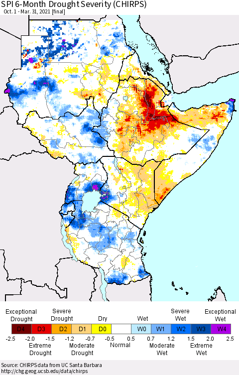 Eastern Africa SPI 6-Month Drought Severity (CHIRPS) Thematic Map For 10/1/2020 - 3/31/2021