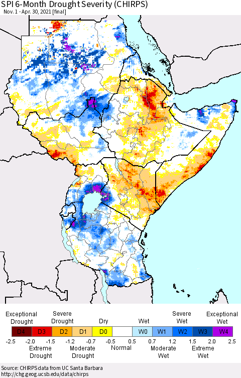 Eastern Africa SPI 6-Month Drought Severity (CHIRPS) Thematic Map For 11/1/2020 - 4/30/2021