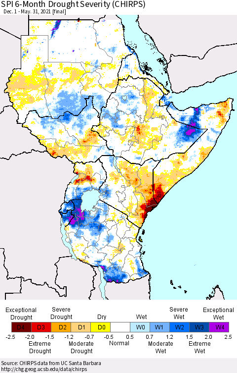 Eastern Africa SPI 6-Month Drought Severity (CHIRPS) Thematic Map For 12/1/2020 - 5/31/2021