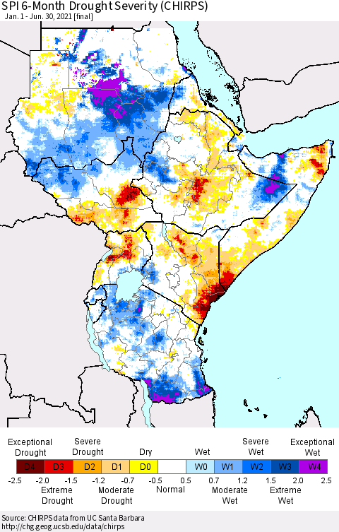 Eastern Africa SPI 6-Month Drought Severity (CHIRPS) Thematic Map For 1/1/2021 - 6/30/2021