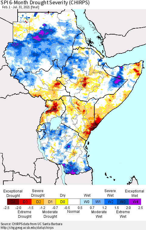 Eastern Africa SPI 6-Month Drought Severity (CHIRPS) Thematic Map For 2/1/2021 - 7/31/2021