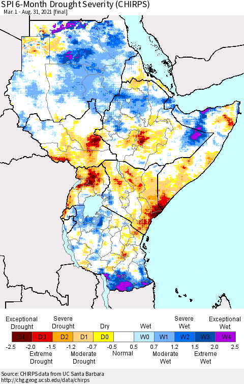 Eastern Africa SPI 6-Month Drought Severity (CHIRPS) Thematic Map For 3/1/2021 - 8/31/2021