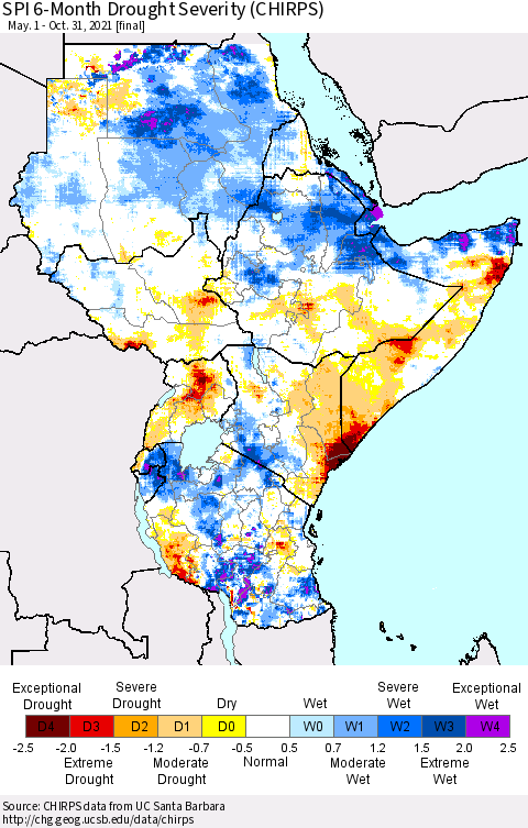 Eastern Africa SPI 6-Month Drought Severity (CHIRPS) Thematic Map For 5/1/2021 - 10/31/2021