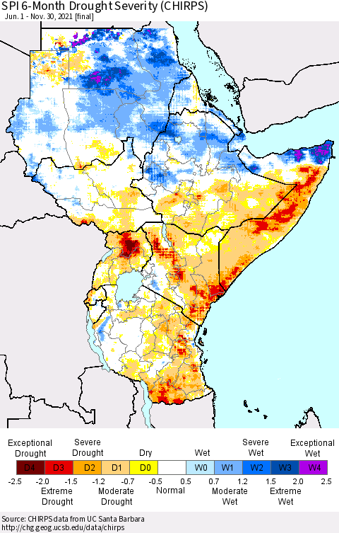 Eastern Africa SPI 6-Month Drought Severity (CHIRPS) Thematic Map For 6/1/2021 - 11/30/2021